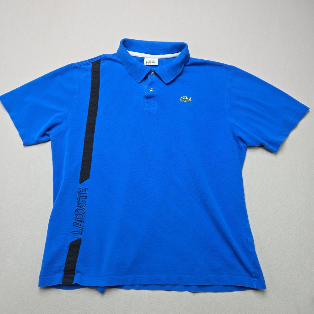 Lacoste Sport Polo Shirt Graphic Side Stripe Blue Cotton Mens Size 5 S/S Top